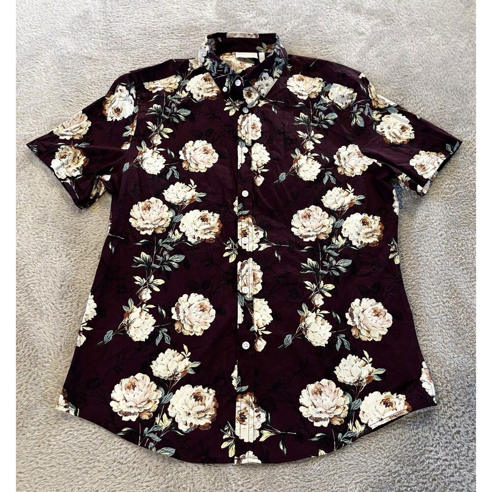 ASOS Mens White Rose Floral Short Sleeve Viscose Button Down Shirt Deep Red L